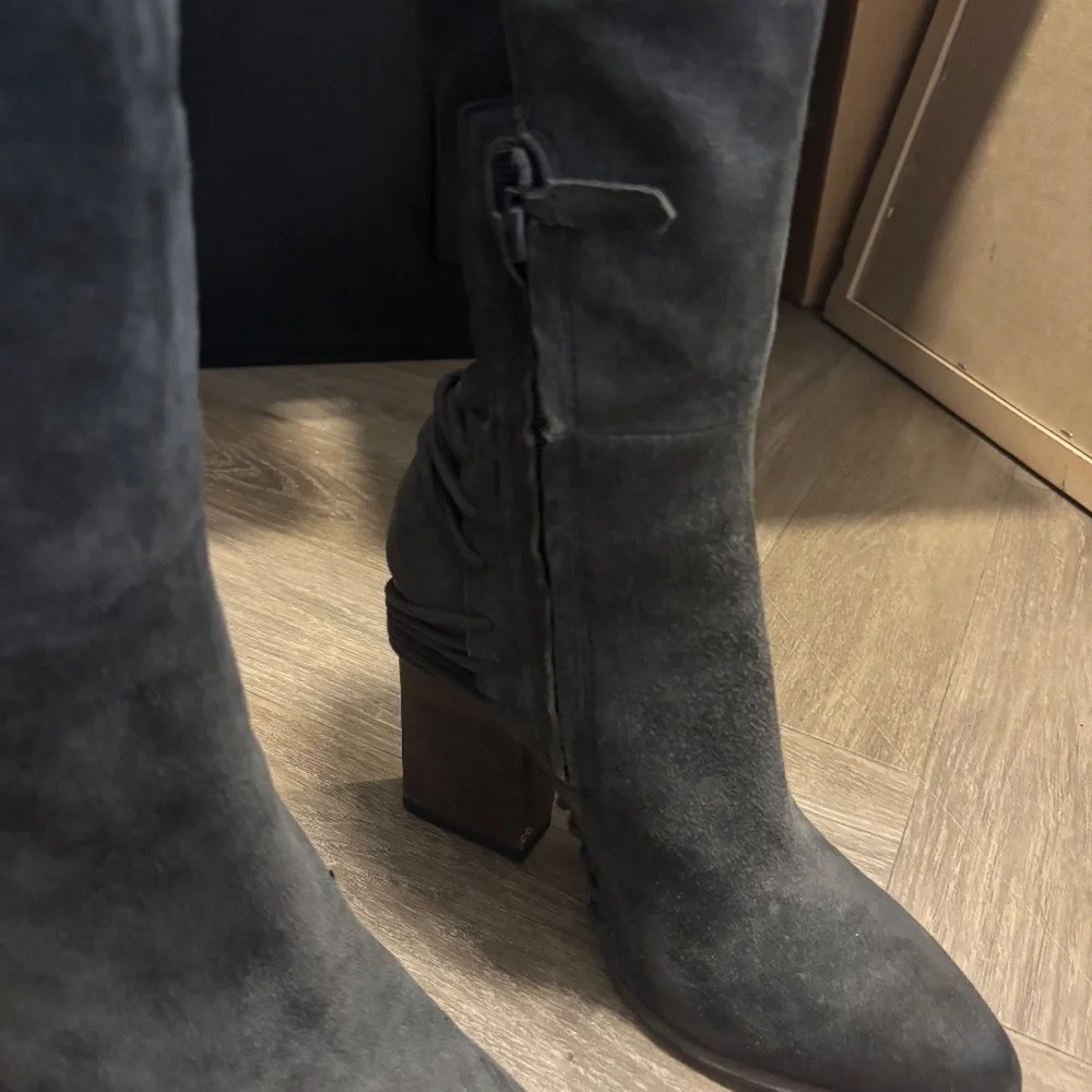 Dolce Vita Over the Knee Gray Suede Boots with Cord Detail around Heel